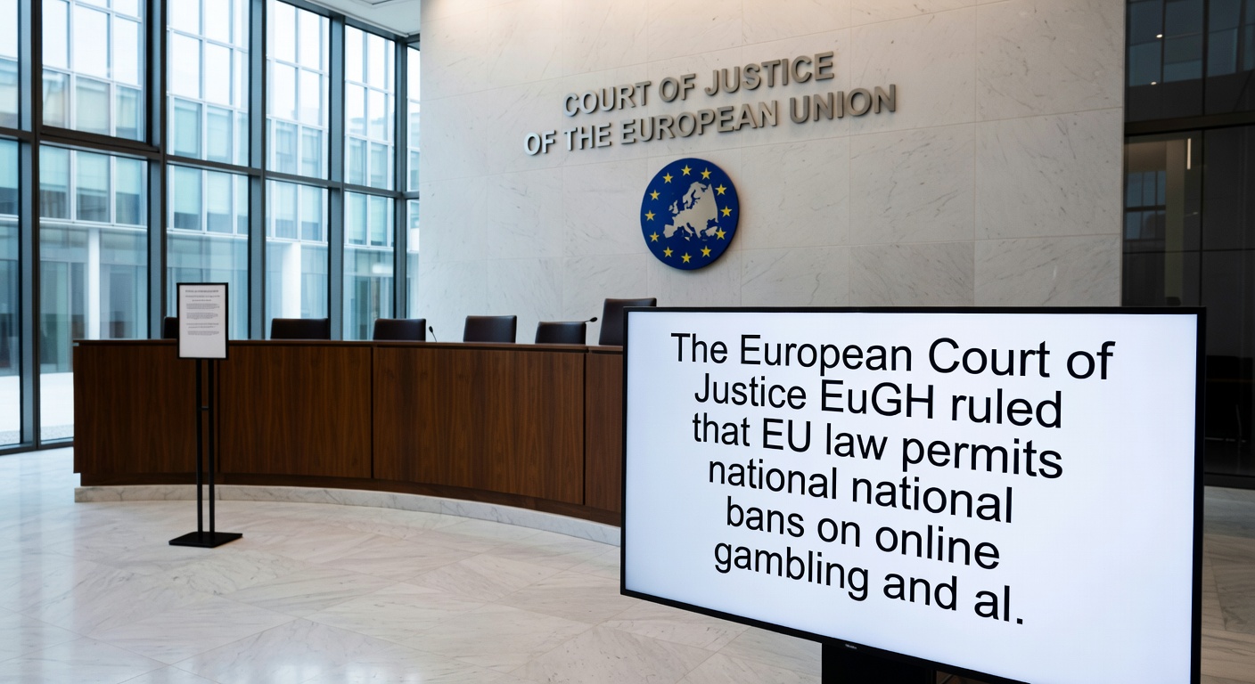 Gerichtssaal-Szene mit Anwälten und Richtern, die über Glücksspielklagen verhandeln, inklusive Aktenstapeln und EU-Flagge im Hintergrund